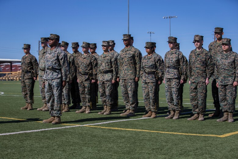 U.S. Marines stationed at Marine Corps Air Station (MCAS) Yuma conduct sword manual and drill as part of their final examination for the Corporals Course curriculum on the MCAS Yuma Ramada field, Jan 27, 2019. Corporals Course is a leadership class designed to teach Marines the fundamentals that go in to being an effective noncomissioned officer. (U.S. Marine Corps photo by Lance Cpl John Hall)