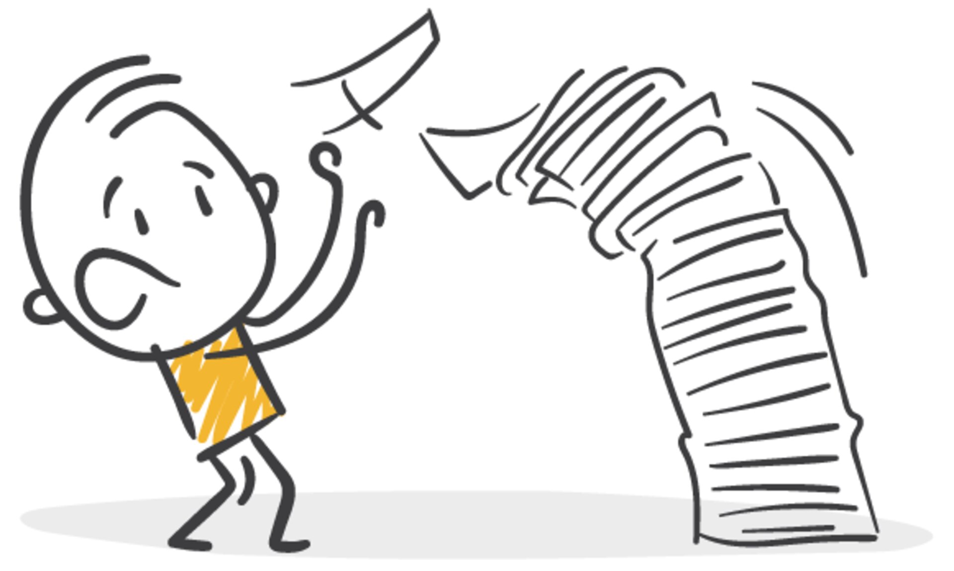 a graphic of a character next to a tall stack of papers toppling over