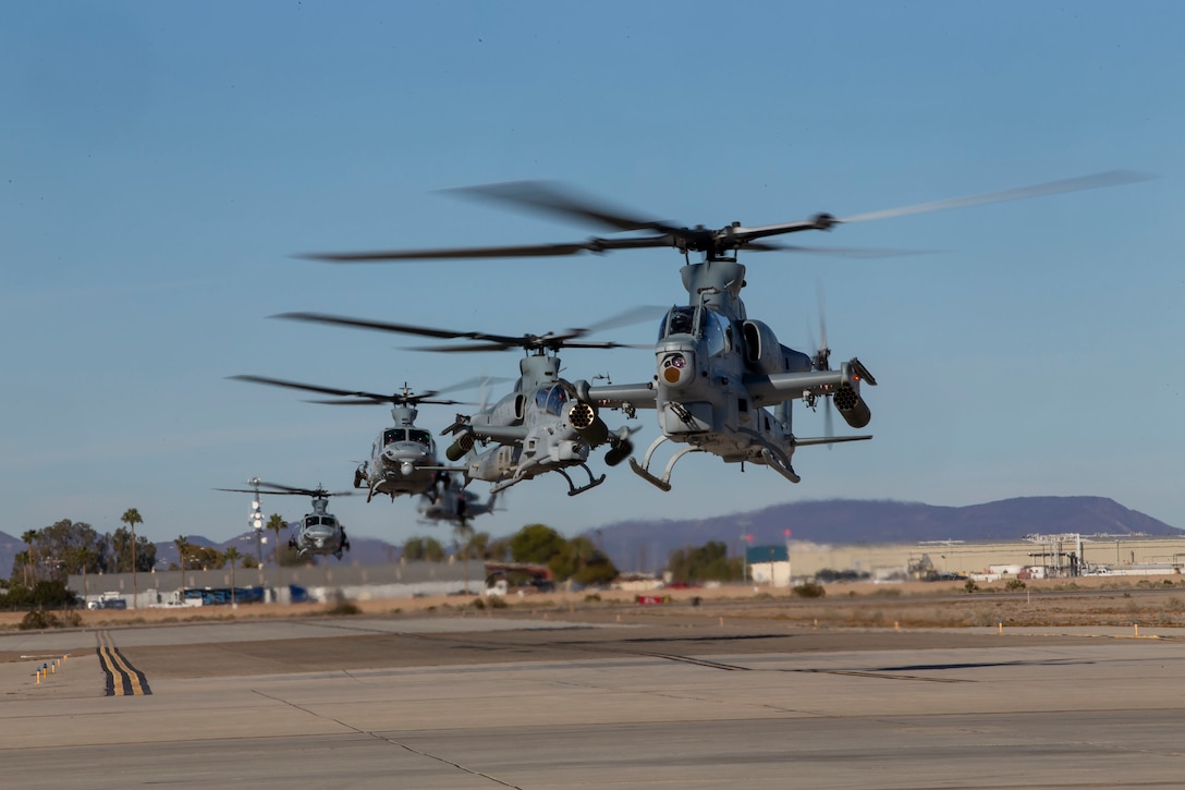 Aircraft with Marine Operational Test and Evaluation Squadron 1 (VMX-1) return from a training exercise in Yuma, Ariz., Dec. 20, 2019. This training exercise was conducted to give the pilots and air crew of VMX-1 experince and flight hours. (U.S. Marine Corps photo by Lance Cpl. Andres Hernandez)