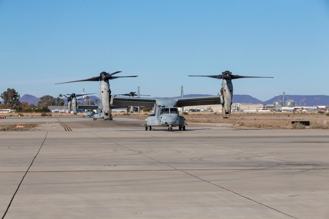 Aircraft with Marine Operational Test and Evaluation Squadron 1 (VMX-1) return from a training exercise in Yuma, Ariz., Dec. 20, 2019. This training exercise was conducted to give the pilots and air crew of VMX-1 experince and flight hours. (U.S. Marine Corps photo by Lance Cpl. Andres Hernandez)