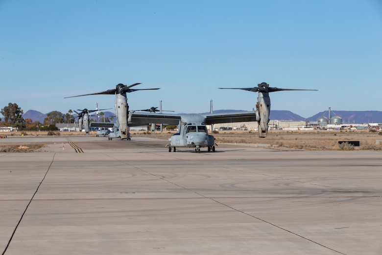 Aircraft with Marine Operational Test and Evaluation Squadron 1 (VMX-1) return from a training exercise in Yuma, Ariz., Dec. 20, 2019. This training exercise was conducted to give the pilots and air crew of VMX-1 experince and flight hours. (U.S. Marine Corps photo by Lance Cpl. Andres Hernandez)