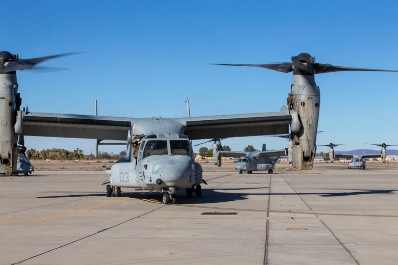 Aircraft with Marine Operational Test and Evaluation Squadron 1 (VMX-1) return from a training exercise in Yuma, Ariz., Dec. 20, 2019. This training exercise was conducted to give the pilots and air crew of VMX-1 experince and flight hours. (U.S. Marine Corps photo by Lance Cpl. Andres Hernandez)
