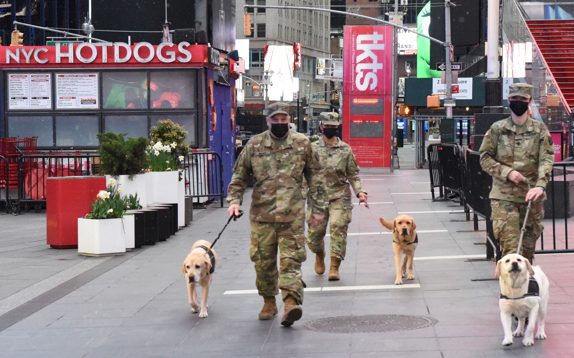 Members of the New York Army National Guard walk in Times Square with Labrador retriever service dogs provided by Puppies Behind Bars April 23, 2020. Puppies Behind Bars is a nonprofit organization that trains prison inmates to raise service dogs for wounded war veterans and first responders, as well as explosive-detection canines for law enforcement.
