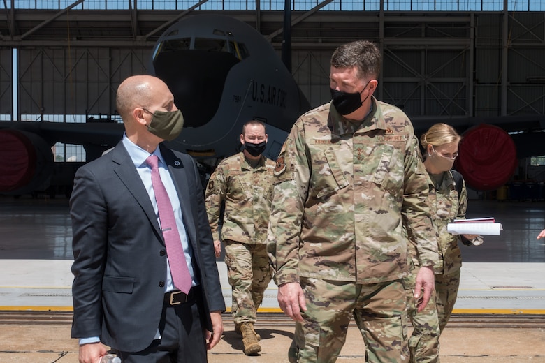 While performing the duties of Under Secretary of the Air Force Shon Manasco speaks with Lt. Gen. Gene Kirkland, Air Force Sustainment Center commander, at Tinker Air Force Base, Oklahoma, April 29, 2020.  Manasco visited Tinker to learn more about how the base has adapted to the COVID-19 crisis. (U.S. Air Force photo by 2Lt. Danny Rangel)