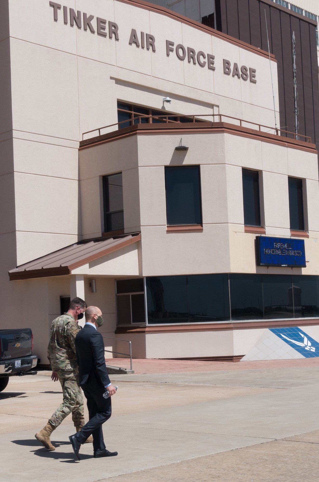 While performing the duties of Under Secretary of the Air Force Shon Manasco speaks with Lt. Gen. Gene Kirkland, Air Force Sustainment Center commander, at Tinker Air Force Base, Oklahoma, April 29, 2020.  Manasco visited Tinker in order to learn more about how the base has adapted to the COVID-19 crisis. (U.S. Air Force photo by 2Lt. Danny Rangel)