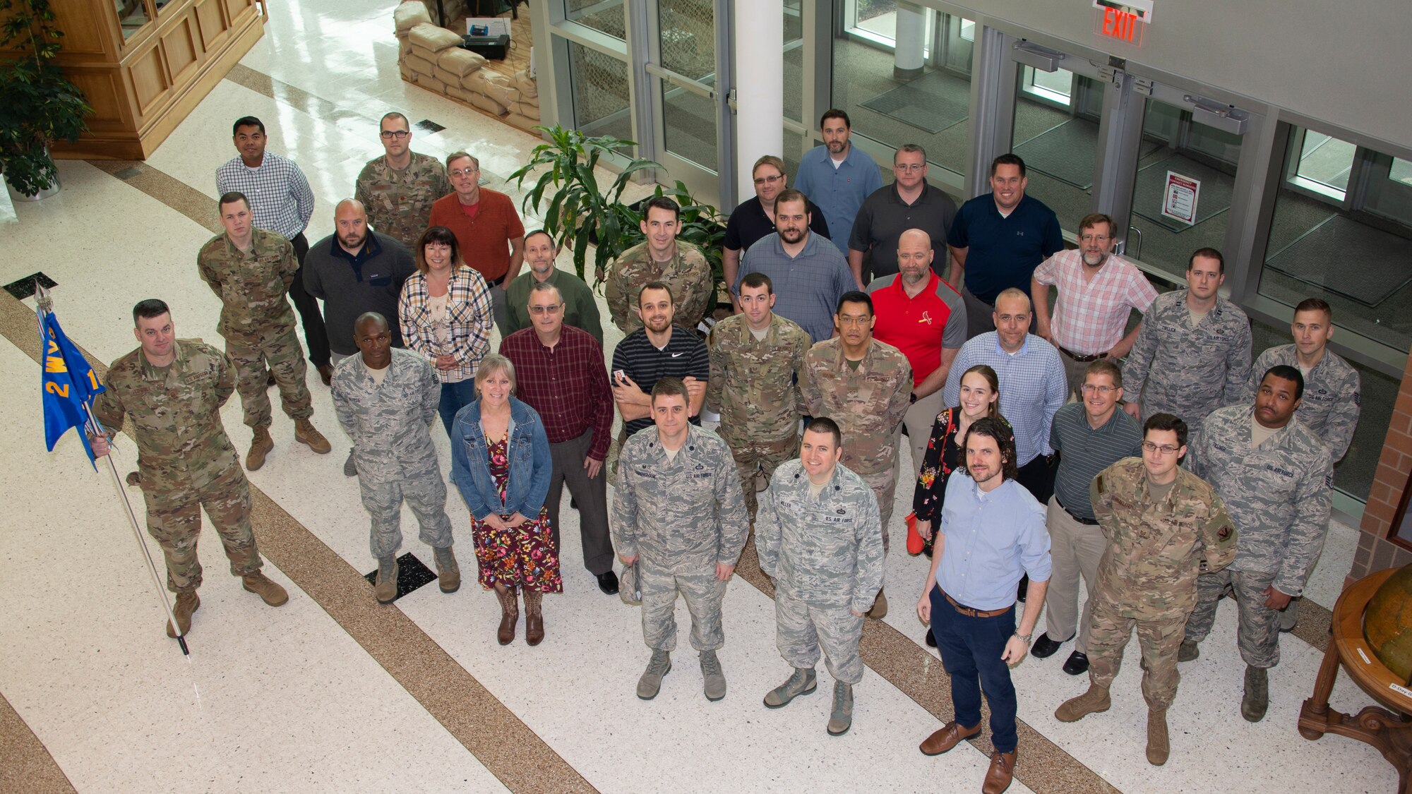 Group photo of 16th Weather Squadron members from above.