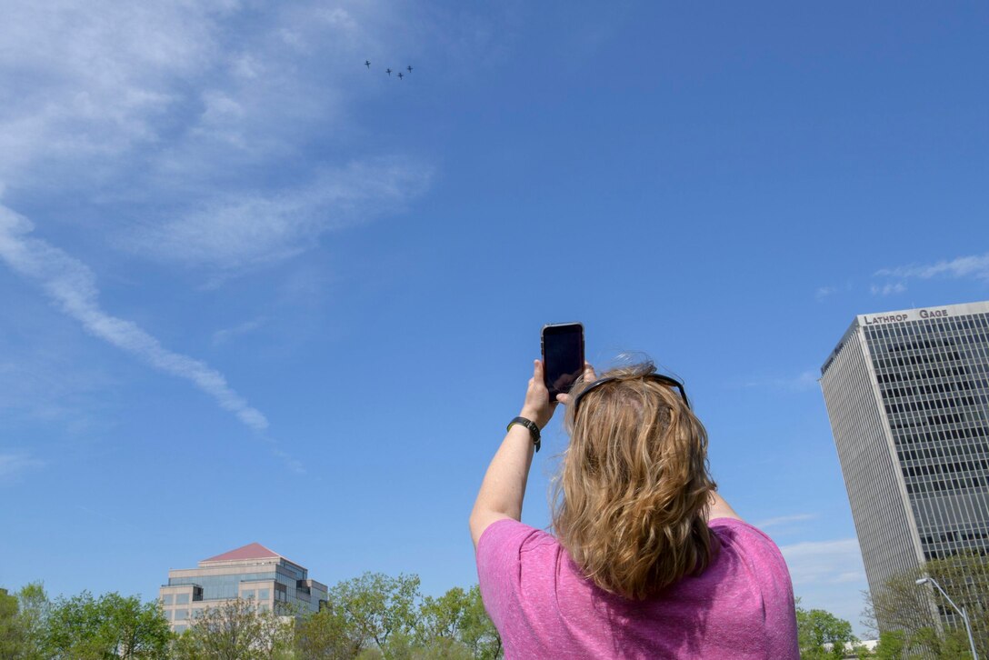 A B-2 Spirit stealth bomber and four T-38 Talons, assigned to the 509th Bomb Wing, along with two A-10 Thunderbolt IIs from the U.S. Air Force Reserve’s 442nd Fighter Wing, fly over medical facilities across Missouri, April 28, 2020. The formation is to honor all medical and healthcare professionals, essential employees and volunteers in the fight against COVID-19. Some of the medical facilities the formation flew over were, CenterPoint Medical Center, Children’s Mercy Hospital North and South, Lee’s Summit Medical Center, St. Luke’s Plaza, Research Medical Center, Western Missouri Medical Center, and Bothwell Regional Health Center.(U.S. Air Force photo by Staff Sgt. Dylan Nuckolls)