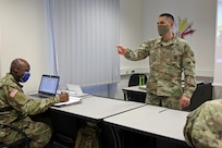 U.S. Army Reserve Sgt. 1st Class Kenneth Chefan, a detachment sergeant with the 446th Transportation Battalion, 510th Regional Support Group, 7th Mission Support Command, facilitates a block of instruction in Kaiserslautern, Germany, during a virtual Basic Leader Course being taught over video teleconference, April 21, 2020. Two 7th MSC noncommissioned officers are providing leadership as assistant instructors for one of 20 classrooms in four countries across Europe during the first-ever four-week virtual BLC course being led by the 7th Army NCO Academy out of Grafenwoehr, Germany.
