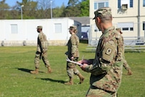 U.S. Army Reserve Sgt. 1st Class Roi Cavan, human resources noncommissioned officer-in-charge with the 361st Civil Affairs Brigade, 7th Mission Support Command, evaluates a student marching Soldiers during a virtual Basic Leader Course in Kaiserslautern, Germany, April 21, 2020. Two 7th MSC NCOs are providing leadership as assistant instructors for one of 20 classes in four countries across Europe during the first-ever four-week virtual BLC course being led by the 7th Army NCO Academy out of Grafenwoehr, Germany.