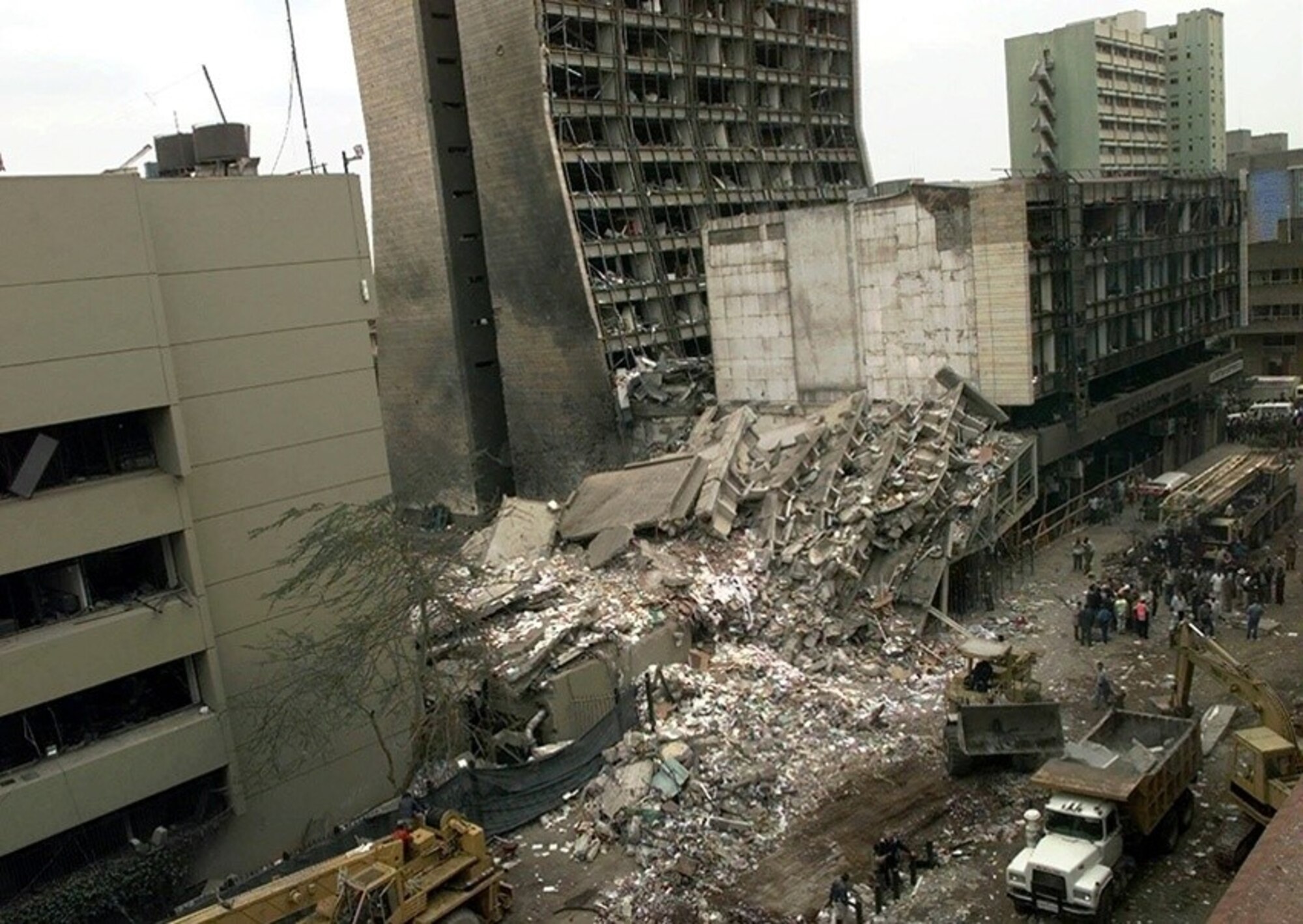The U.S. Embassy, left, is pictured next to bombed ruins in Nairobi, Kenya, Aug. 8, 1998, one day after terrorist bombs exploded at the U.S. embassies in Kenya and Dar es Salaam, Tanzania (AP/Wide World photo)