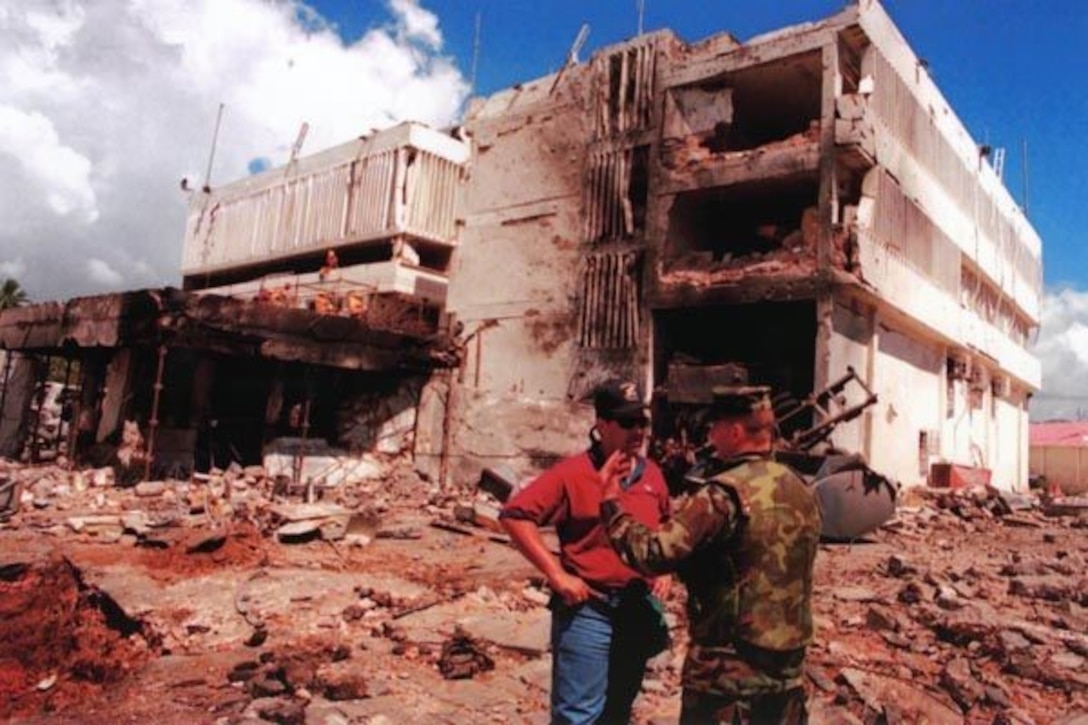 The U.S. Embassy, Dar es Salaam, Tanzania, is pictured after a truck bomb exploded outside the building, causing a multitude of deaths and extensive damage. (Central Intelligence Agency photo)