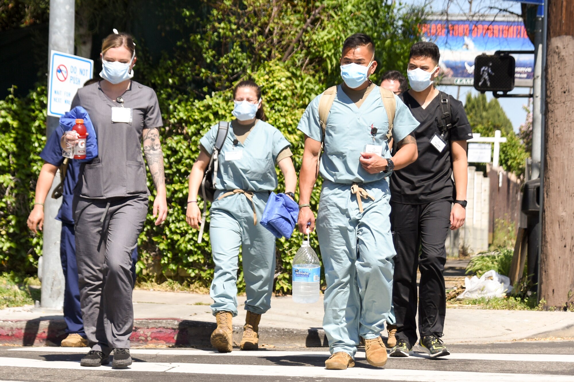 California National Guard medical support team members don PPE and prepare to work at a skilled nursing facility in Southern California to fulfill humanitarian support missions at the direction of the Governor, April 29, 2020. The medical support team is supporting staff at the facility, sharing best practices, and providing patient care for non-COVID-19 positive patients at the facility. (Air National Guard photo by Capt. Jason Sanchez)