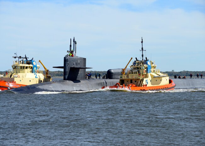 The Ohio-class guided-missile submarine USS Georgia (SSGN 729)(Gold) returns to its homeport at Naval Submarine Base Kings Bay, Ga. Ohio-class guided-missile submarines are capable of carrying up to 154 tomahawk land-attack cruise missiles. The base is home to all East Coast Ohio-Class submarines.