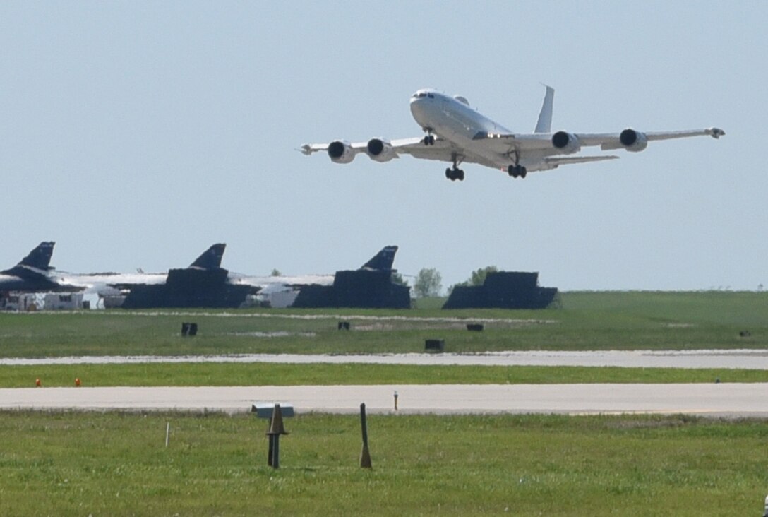 A Navy E-6B Mercury takes off over the Tinker Air Force Base, Oklahoma, airfield April 23, 2020. One of the main duties of the 72nd Operations Support Squadron is to maintain a safe airfield for pilots and aircraft taking off and landing at Tinker.