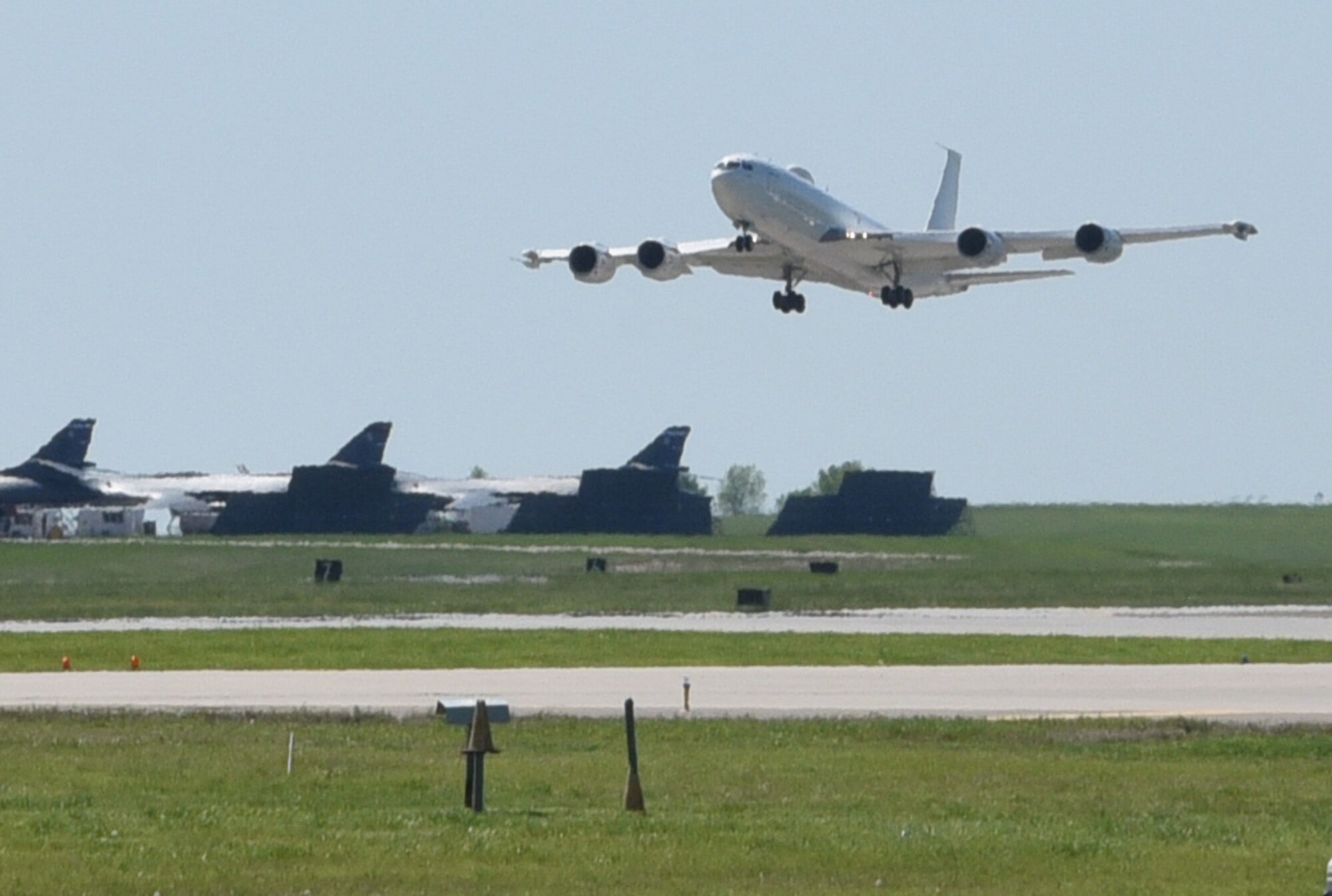 A Navy E-6B Mercury takes off over the Tinker Air Force Base, Oklahoma, airfield April 23, 2020. One of the main duties of the 72nd Operations Support Squadron is to maintain a safe airfield for pilots and aircraft taking off and landing at Tinker.