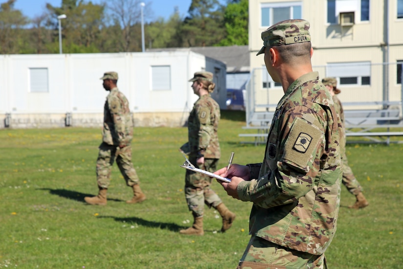 U.S. Army Reserve Sgt. 1st Class Roi Cavan, human resources noncommissioned officer-in-charge with the 361st Civil Affairs Brigade, 7th Mission Support Command, evaluates a student marching Soldiers during a virtual Basic Leader Course in Kaiserslautern, Germany, April 21, 2020. Two 7th MSC NCOs are providing leadership as assistant instructors for one of 20 classes in four countries across Europe during the first-ever four-week virtual BLC course being led by the 7th Army NCO Academy out of Grafenwoehr, Germany.