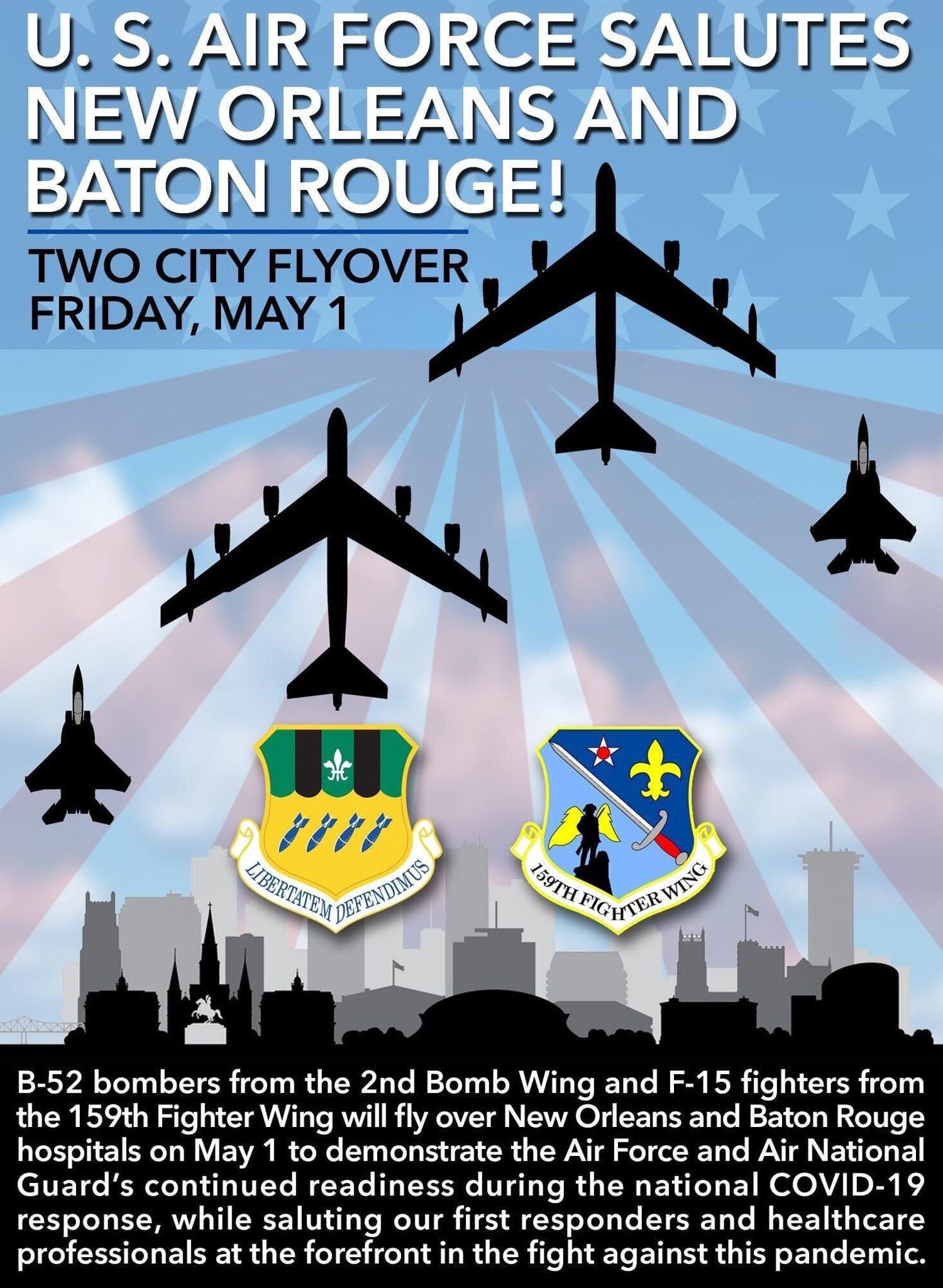 Graphic for B-52 and F-15 flyovers of New Orleans and Baton Rouge