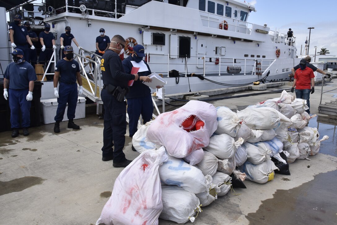 The crew of the Coast Guard Cutter William Trump (WPC-1111) offloaded 1,100 pounds of marijuana