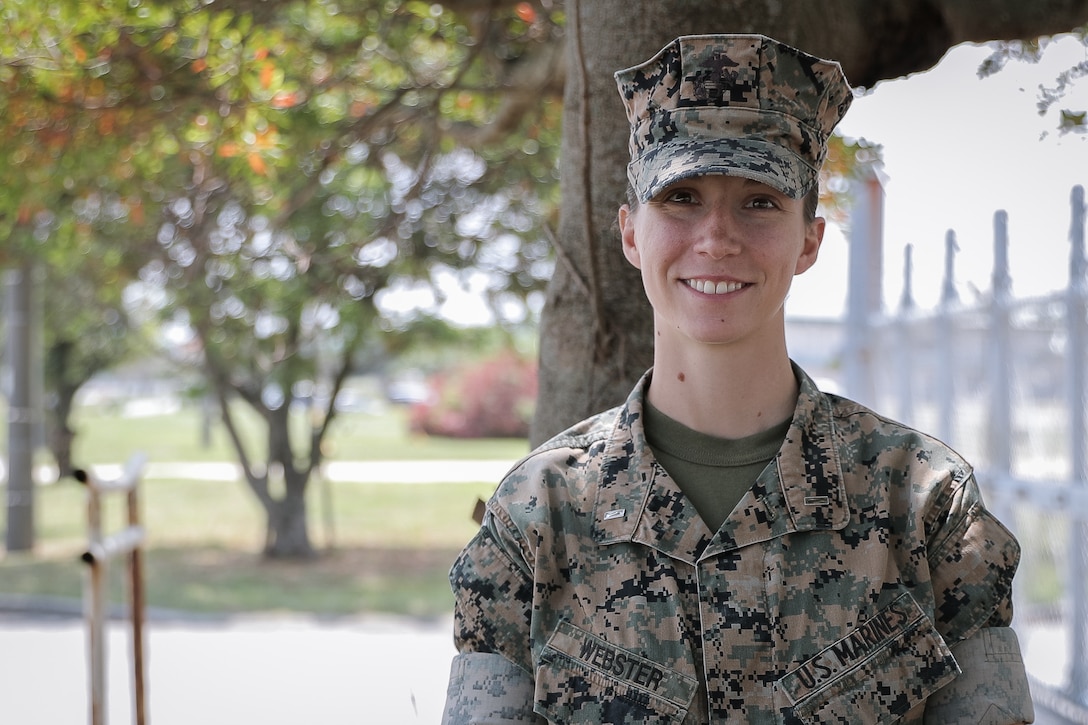 1st Lt. Cinja Webster smiles for a picture at Camp Courtney, Okinawa, Japan, April 30, 2020.