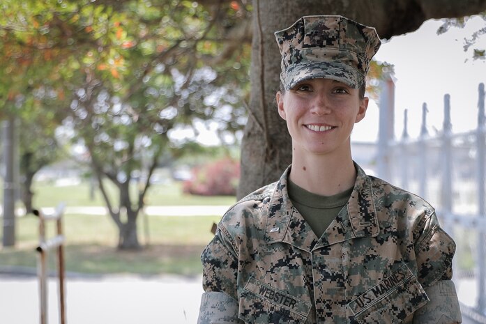 1st Lt. Cinja Webster smiles for a picture at Camp Courtney, Okinawa, Japan, April 30, 2020.
