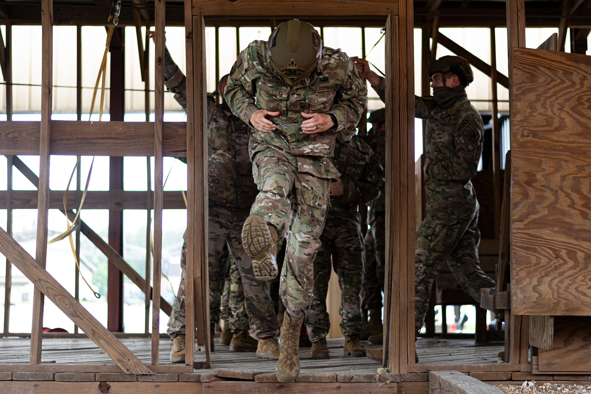 A photo of an Airman practicing a static-line jump