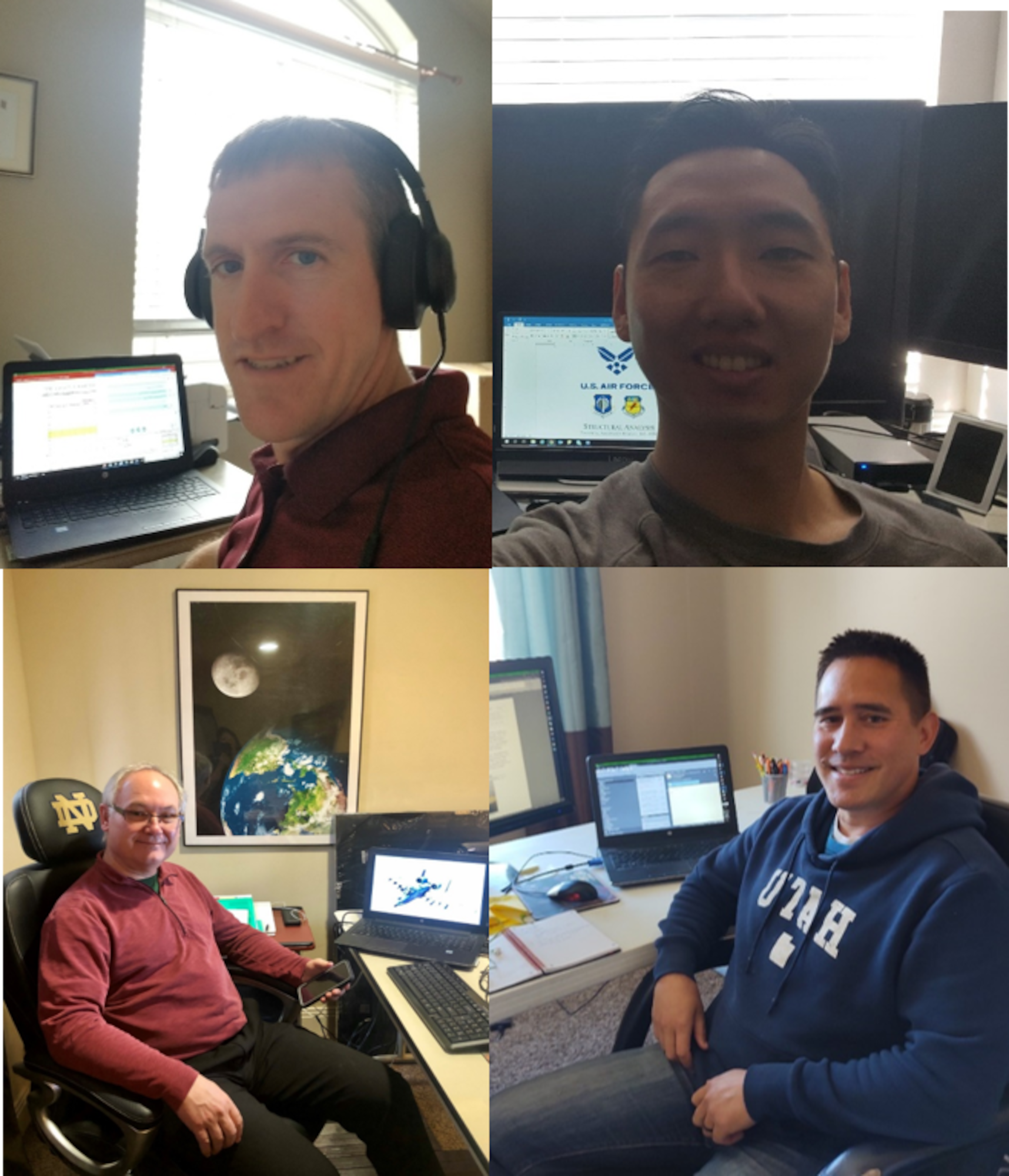 The A-10 Engineering Team met virtually to review data and discuss.  Pictured are (starting top left and moving cw) Reed Fawcett, 1st Lt. James Zhen, Greg Stowe and Michael Hackett, Jr.  (courtesy photo)