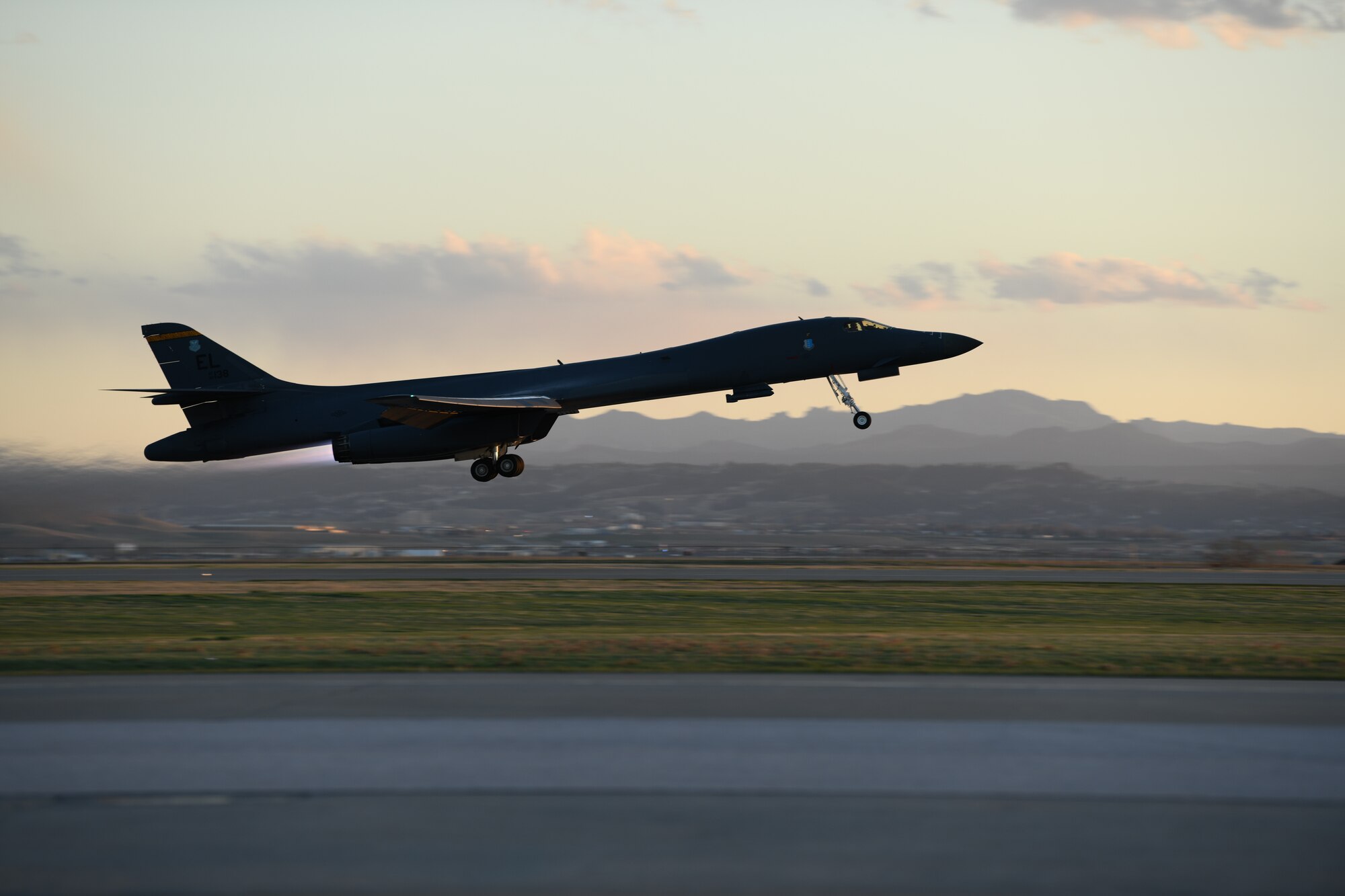 A B-1B Lancer assigned to the 28th Bomb Wing takes off from Ellsworth Air Force Base, S.D., April 28, 2020, to support a Bomber Task Force mission in the Indo-Pacific region. This operation demonstrates the U.S. Air Force’s dynamic force employment model in line with the National Defense Strategy’s objectives of strategic predictability and operational unpredictability. (U.S. Air Force photo by Senior Airman Nicolas Erwin)