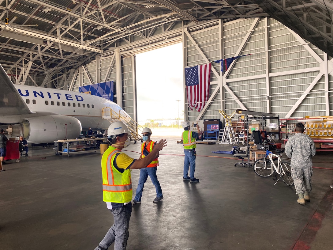 Engineers from USACE - Honolulu District, NAVFAC Marianas, the government of Guam, FEMA, Dept. of Homeland Security, Guam Air National Guard, and Guam Fire Dept. evaluated the Hafa Adai Bingo Hall and the United Airlines Hangar at Antonio B. Won Pat International Airport in Tamuning, and the Lotte Hotel in Barrigada April 29 for suitability as an Alternate Care Facilities.