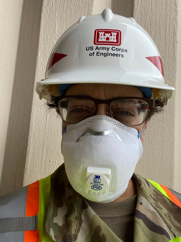 Captain Aimee Valles, a deputy area engineer with the U.S. Army Corps of Engineers Transatlantic Middle East District spent long hours in Personal Protective Equipment while helping coordinate USACE efforts in New York City.