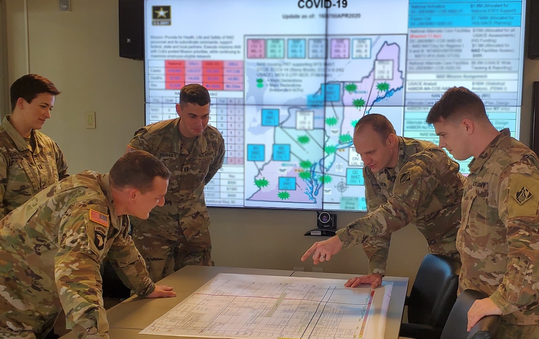 Captain Colin Sexton, a program manager with the U.S. Army Corps of Engineers Transatlantic Middle East District coordinates U.S. Army Corps of Engineers COVID response information with other officers deployed to New York to assist with USACE response efforts.
