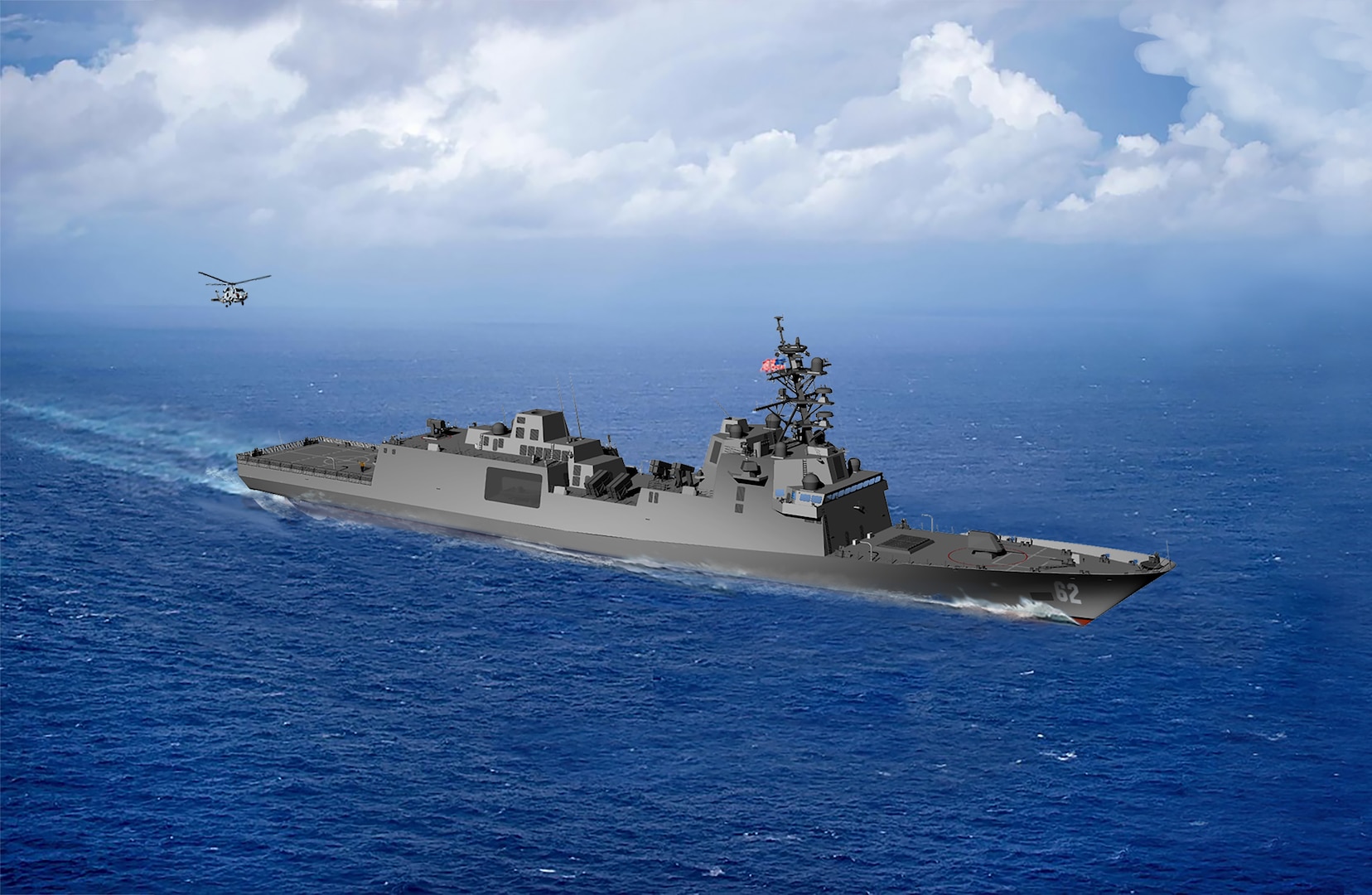 An artist rendering of the guided-missile frigate FFG(X). The U.S.Navy awarded a contract to design and produce the next generation small surface combatant, the Guided Missile Frigate on April 30.