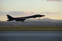 A B-1B Lancer assigned to the 28th Bomb Wing takes off from Ellsworth Air Force Base, S.D., April 28, 2020, to support a Bomber Task Force mission in the Indo-Pacific region. This operation demonstrates the U.S. Air Force’s dynamic force employment model in line with the National Defense Strategy’s objectives of strategic predictability and operational unpredictability. (U.S. Air Force photo by Senior Airman Nicolas Erwin)