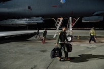 Gear is unloaded from a B-1B Lancer at Ellsworth Air Force Base, S.D., April 30, 2020, following the bomber’s return from supporting a Bomber Task Force (BTF) mission in the Indo-Pacific region.