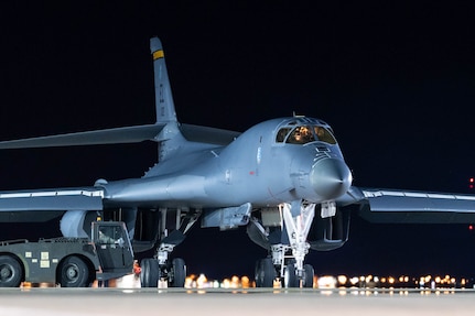 Aircrew piloting a B-1B Lancer prepare to park at Ellsworth Air Force Base, S.D., April 30, 2020.