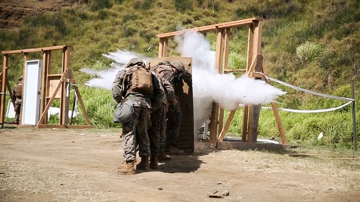 U.S. Marines with Combat Assault Company, 3rd Marine Regiment, conduct an urban demolition exercise on Marine Corps Base Hawaii, April 28, 2020. Combat Assault Company provides a wide variety of unique assault and engineer capabilities to 3rd Marine Regiment in any clime or place. (U.S. Marine Corps photo by Cpl. Eric Tso)
