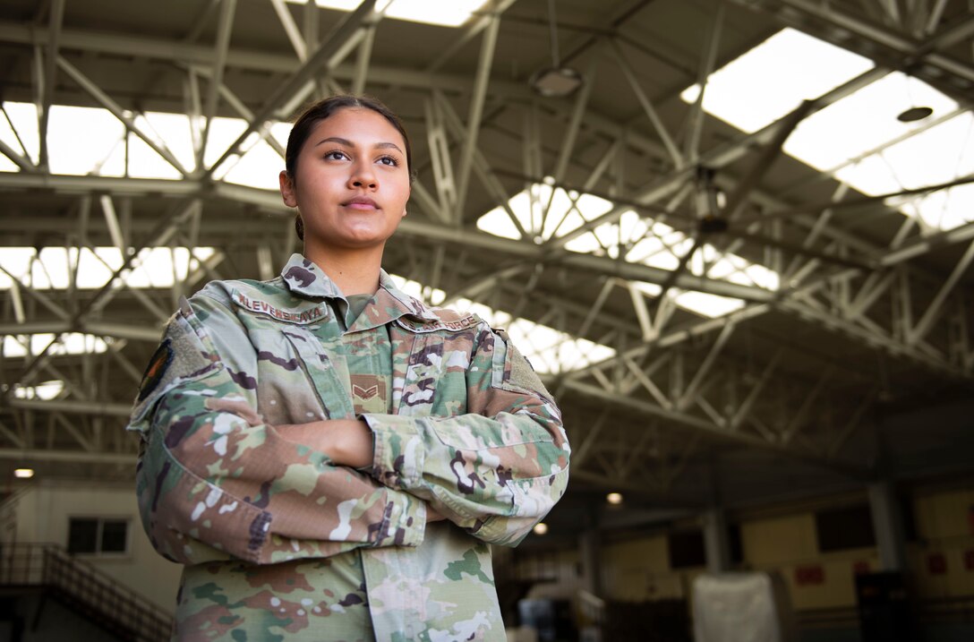 U.S. Air Force Senior Airman Inez Klevenskaya, 39th Logistics Readiness Squadron Traffic Management Office passenger travel clerk, poses for a photo at Incirlik Air Base, Turkey, April 23, 2020.
