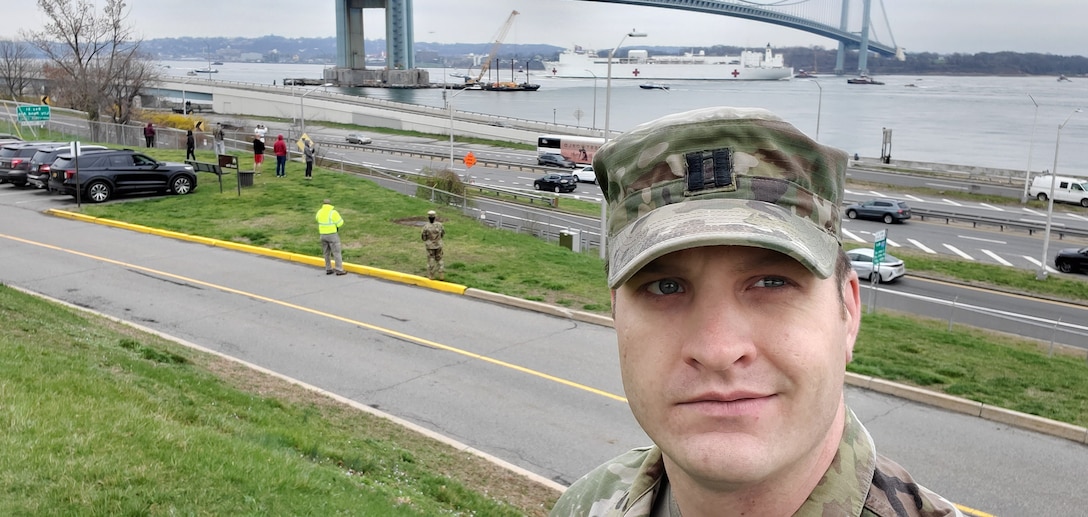 Captain Colin Sexton, a program manager with the U.S. Army Corps of Engineers Transatlantic Middle East District took a photo of the USNS Comfort as it arrived in New York City. Captain Sexton deployed from TAM to assist the North Atlantic Division with COVID-19 response efforts