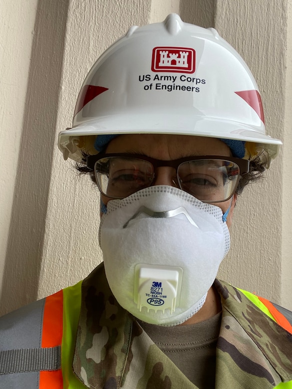 Captain Aimee Valles, a deputy area engineer with the U.S. Army Corps of Engineers Transatlantic Middle East District spent long hours in Personal Protective Equipment while helping coordinate USACE efforts in New York City.