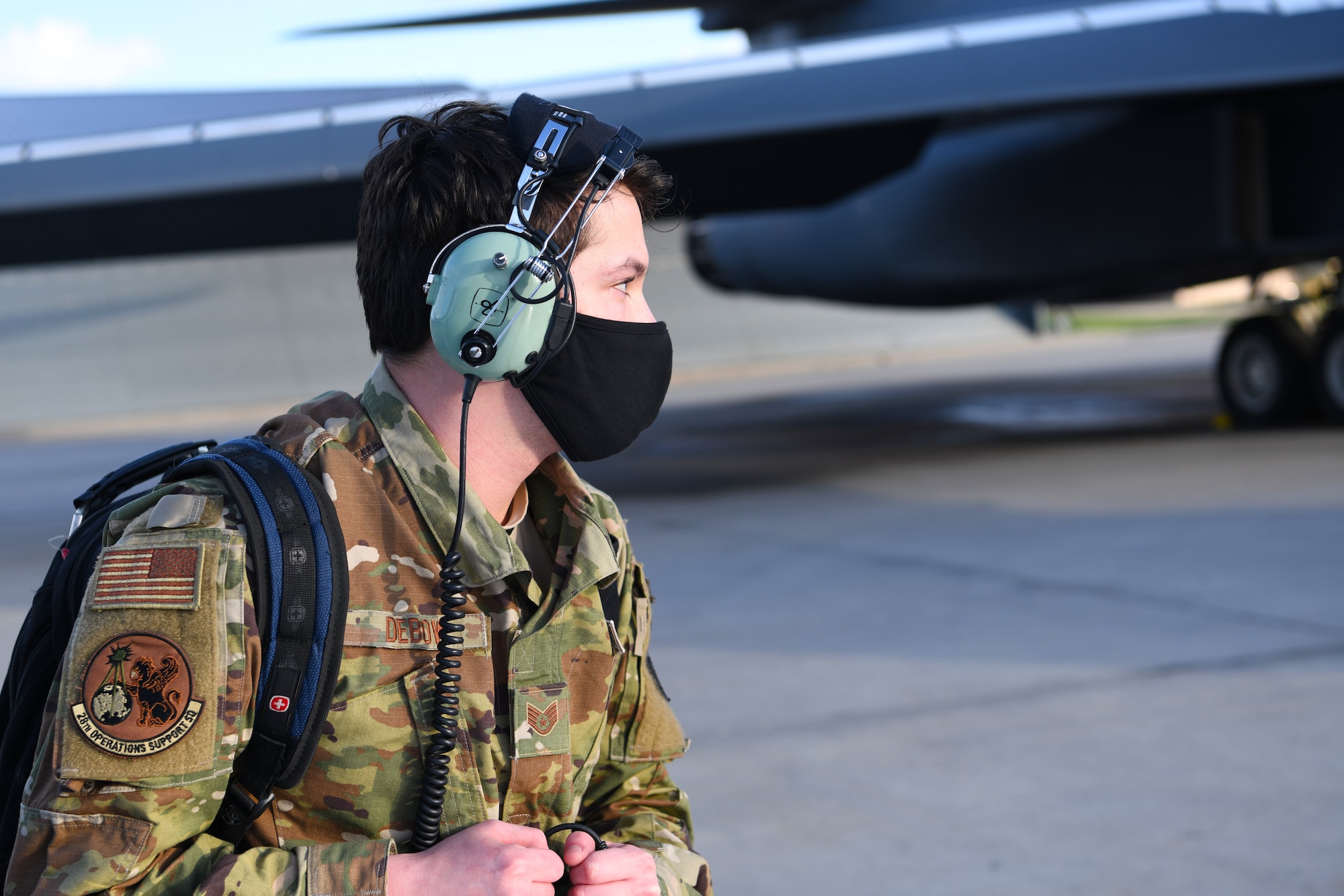 A combat crew communications Airman prepares to conduct avionics system checks on a B-1B Lancer assigned to the 28th Bomb Wing from Ellsworth Air Force Base, S.D., April 28, 2020. Aircrew flew two B-1s from the continental United States and conducted operations over the South China Sea as part of a joint U.S. Indo-Pacific Command and U.S. Strategic Command Bomber Task Force mission. (U.S. Air Force photo by Senior Airman Nicolas Erwin)