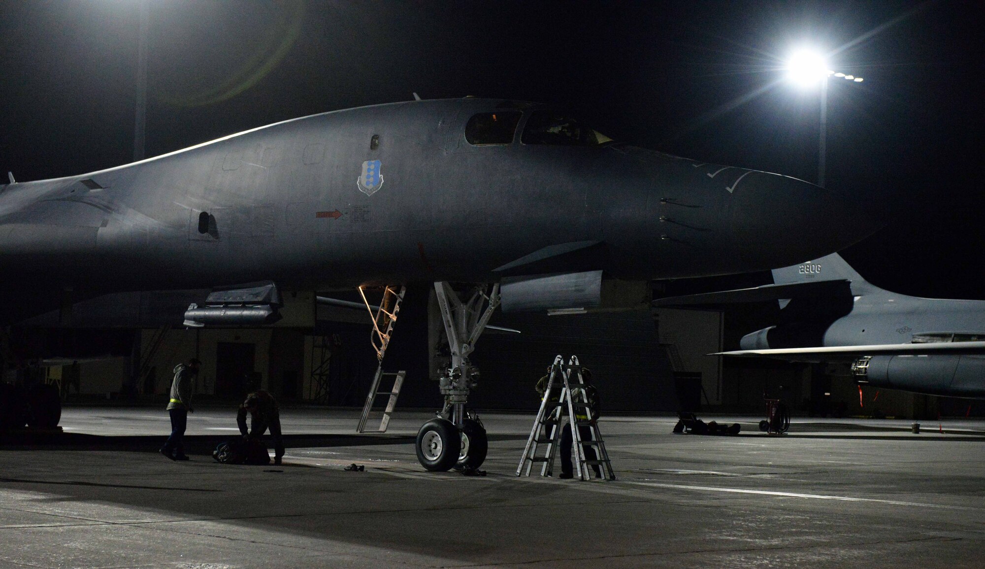 A B-1B Lancer undergoes post-mission maintenance at Ellsworth Air Force Base, S.D., April 30, 2020, following the completion of a 32-hour Bomber Task Force mission.