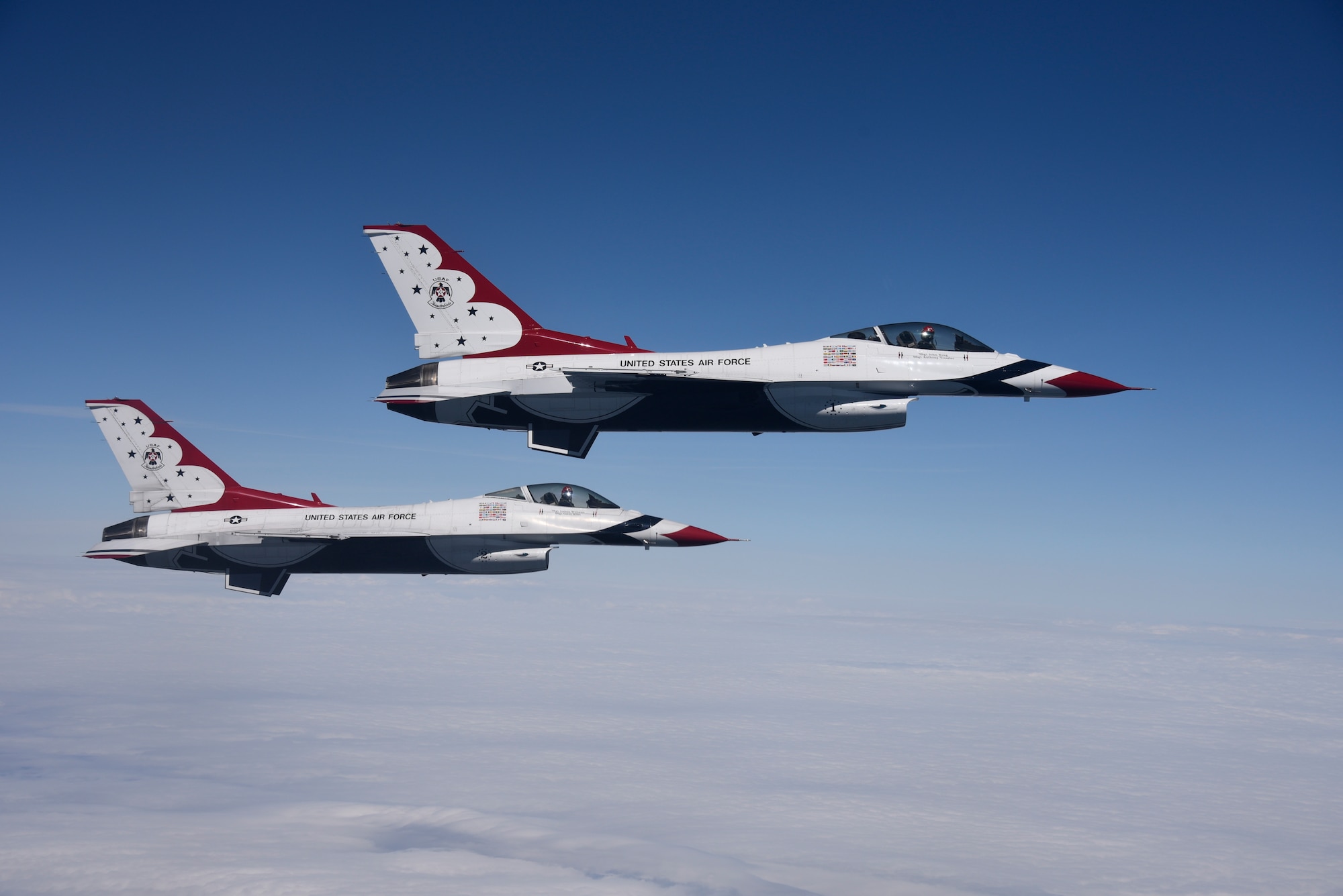 U.S. Air Force Thunderbird F-16 Fighting Falcons fly in support of the America Strong campaign, April 28, 2020. KC-10 Extenders assigned to Joint Base McGuire-Dix-Lakehurst, N.J., refueled the Thunderbirds and U.S. Navy Blue Angels during the America Strong flyovers of New York, New Jersey and Philadelphia to honor the healthcare workers, essential employees, military personnel and other first responders on the front line of the battle against COVID-19. (U.S. Air Force photo by 1st Lt. Katie Mueller)