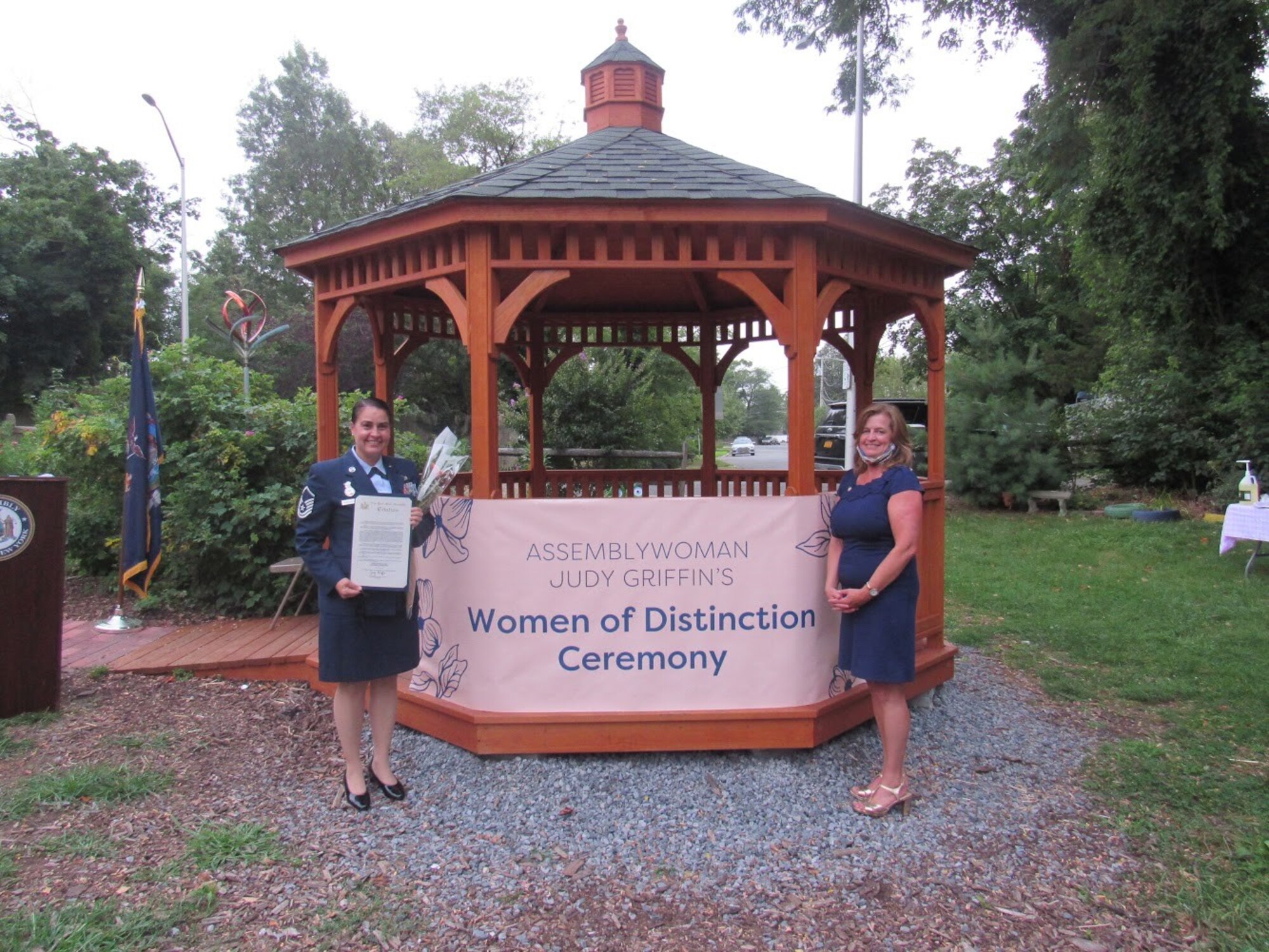 On July 30th, Master Sgt. Miriam Carpio-Hospedales, Personnel Superintendent, 514th Security Forces Squadron, was recognized by Assemblywoman Judy Griffen, New York State Assembly District 21, as a 2020 Women of Distinction Award recipient.  (Staff Photo by Ms. Robin Coffey)