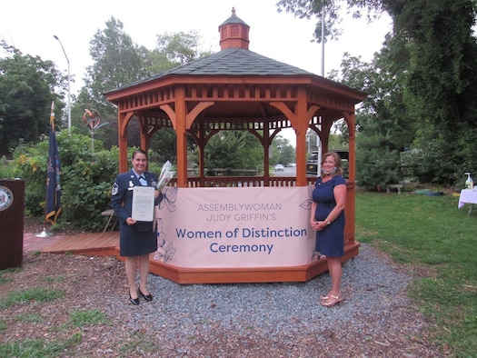 On July 30th, Master Sgt. Miriam Carpio-Hospedales, Personnel Superintendent, 514th Security Forces Squadron, was recognized by Assemblywoman Judy Griffen, New York State Assembly District 21, as a 2020 Women of Distinction Award recipient.  (Staff Photo by Ms. Robin Coffey)