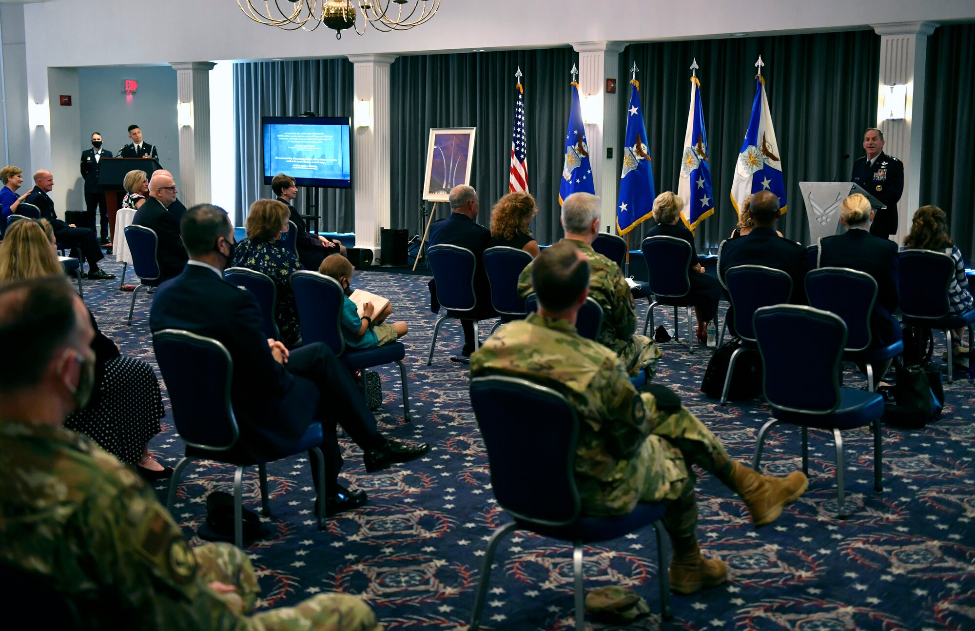 Air Force Chief of Staff Gen. David L. Goldfein delivers remarks during a dedication ceremony in his honor at Joint Base Anacostia-Bolling, Washington, D.C., July 31, 2020. The ceremony unveiled a new etching for the Wall of Valor at the Air Force Memorial that reads, "This is our sacred duty. When protecting Soldiers, Sailors, Airmen and Marines, we fly to the sound of the guns ... or we die trying." (U.S. Air Force photo by Wayne Clark)