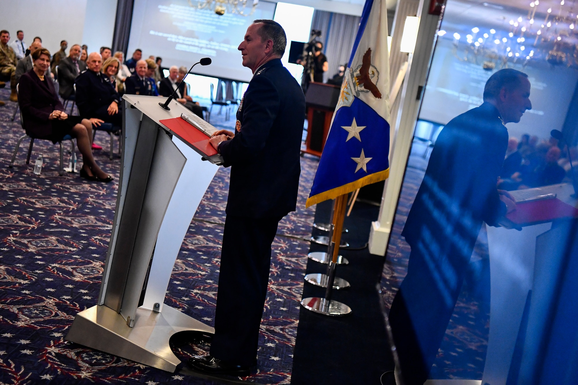 Air Force Chief of Staff Gen. David L. Goldfein delivers remarks during a dedication ceremony in his honor at Joint Base Anacostia-Bolling, Washington, D.C., July 31, 2020. The ceremony unveiled a new etching for the Wall of Valor at the Air Force Memorial that reads, "This is our sacred duty. When protecting Soldiers, Sailors, Airmen and Marines, we fly to the sound of the guns ... or we die trying." (U.S. Air Force photo by Eric Dietrich)