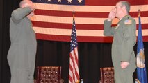 Lt. Col. Terry McGee, outgoing 924th Air Refueling Squadron commander, right, relinquishes command during a change of command ceremony Aug. 2, 2020, at McConnell Air Force Base, Kansas. McGee has been the commander of the 924 ARS since it was reactivated in 2017.  The 924 ARS is one of the Reserve KC-46 Air Refueling Squadrons at Team McConnell.