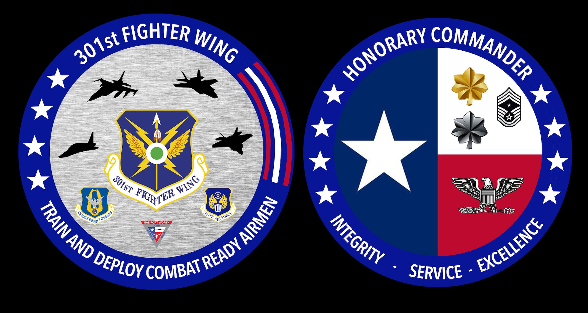 301st Fighter Wing Honorary Commanders Coin. (U.S. graphic by Capt. Jessica Gross and Jeremy Roman)