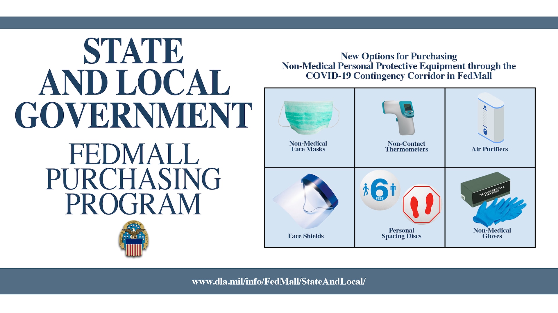 Examples of personal protective equipment like face masks and non-contact thermometers are accompanied by text saying "State and Local Government FedMall Purchasing Program"