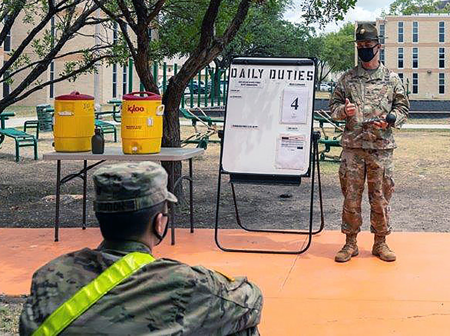 Staff Sgt. Travis Webster, the U.S. Army Medical Center of Excellence 2020 Drill Sergeant of the Year, conducts socially distant enabled training for Advanced Individual Training students at the MEDCoE on Joint Base San Antonio-Fort Sam Houston.