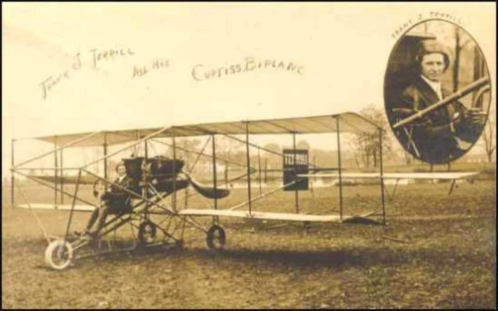 Frank Terrill, sits aboard his Wright Brothers flier at a South Carolina State Fair, in this undated photograph. Mr. Terrill, is the great-great Uncle of U.S. Air Force Colonel Bryony Terrell, 145th Airlift Wing Commander at the North Carolina Air National Guard. Colonel Terrell relinquishes Command on August 1, 2020, after leading the Airmen of the 145th Airlift Wing through their transition in mission from C – 130 Hercules to C 17 Globemaster aircraft.